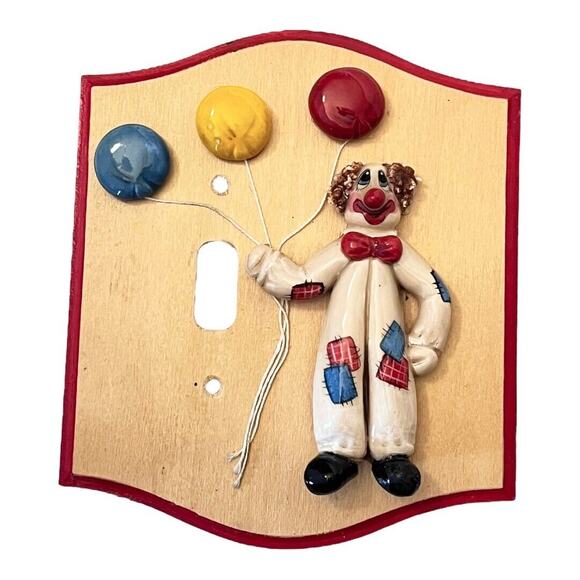 VTG Wood Single LIGHT FLIP SWITCH COVER Ceramic Dough Circus Clown Balloons 6" - Picture 4 of 4